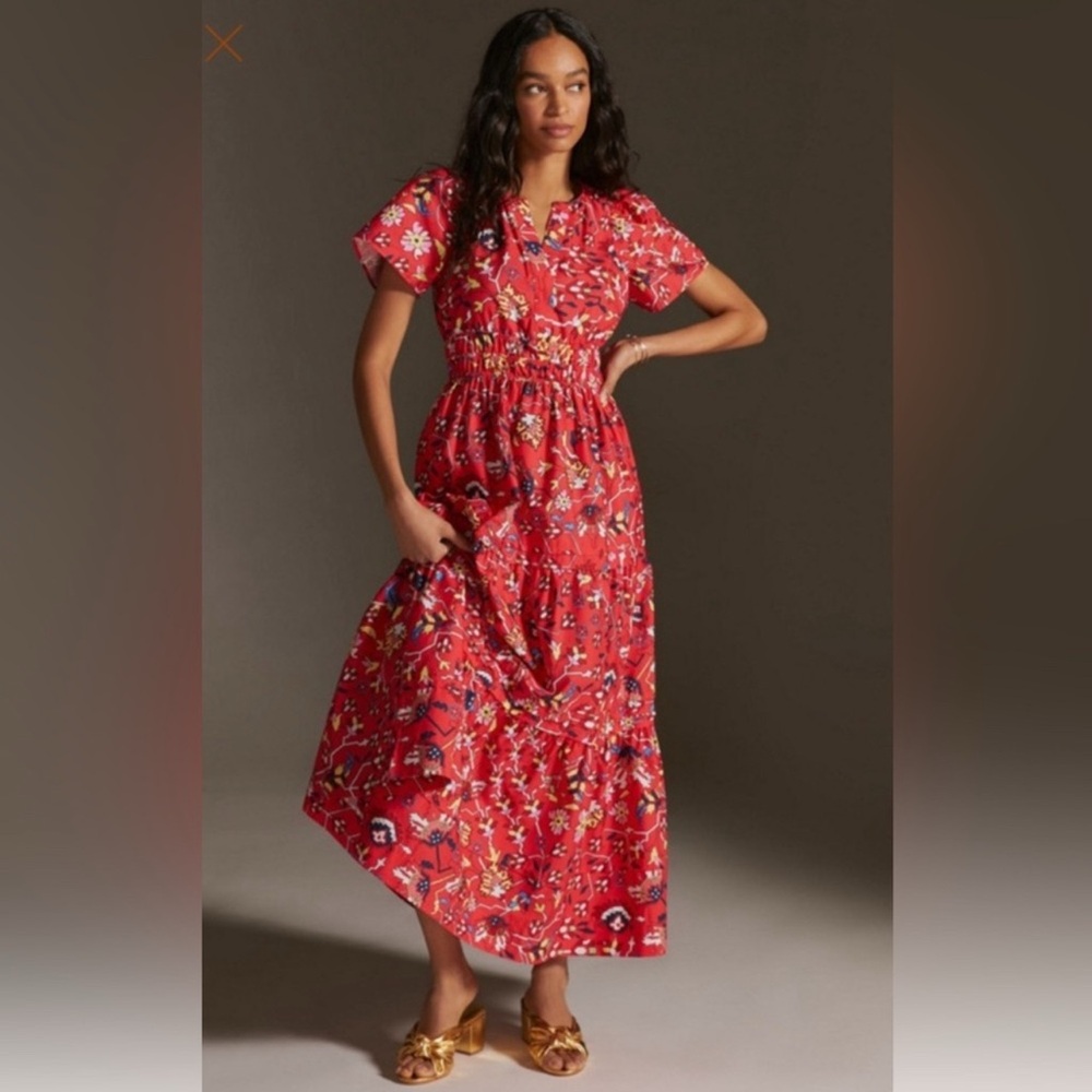 Anthropologie Somerset Poplin Maxi Dress in Red Geometric Print Women's XS